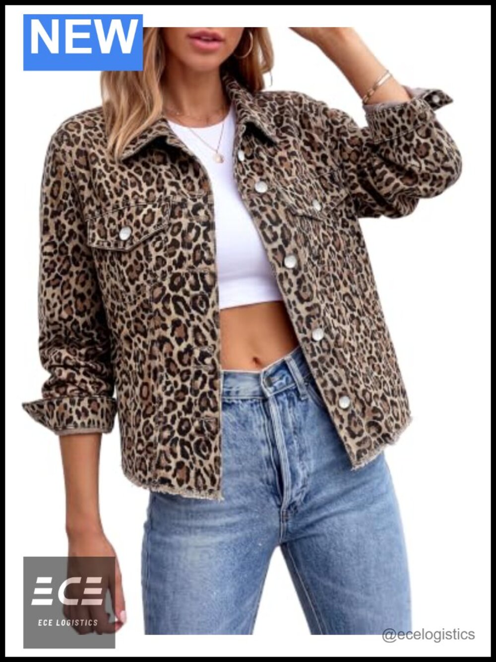 Leopard Cheetah Print Denim Jacket Frayed Hem Crop Stretch
